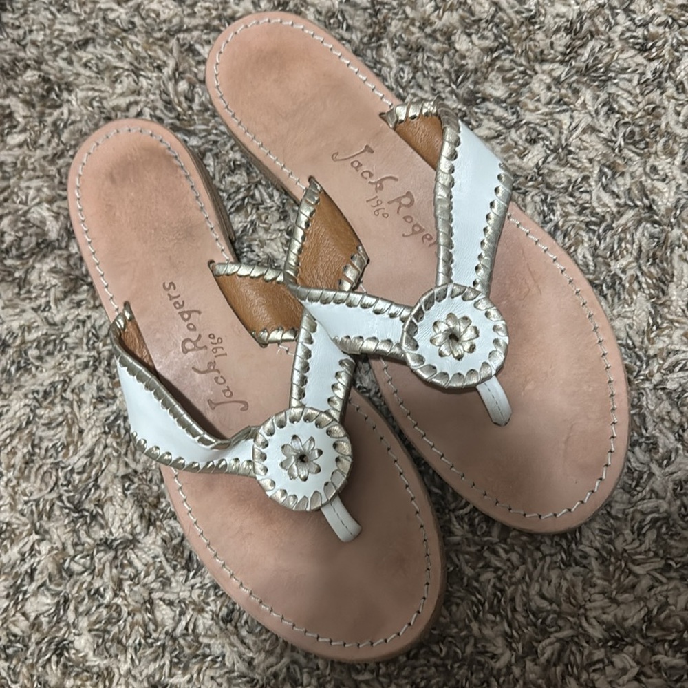 Jack Rogers White and Gold Leather Sandals